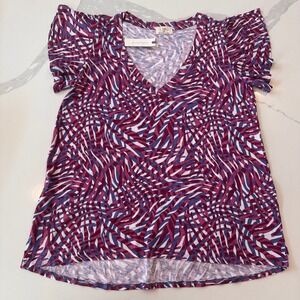 Anthropologie t.la V-Neck Tee Purple Blue Abstract Wave Print Flutter Sleeve S